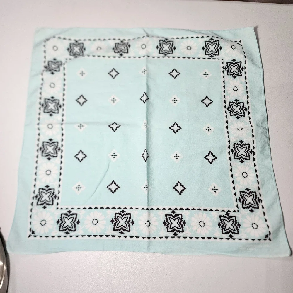 Vintage RN 13962 Light Teal Blue Cotton Floral Geometric Bandana Neckerchief
